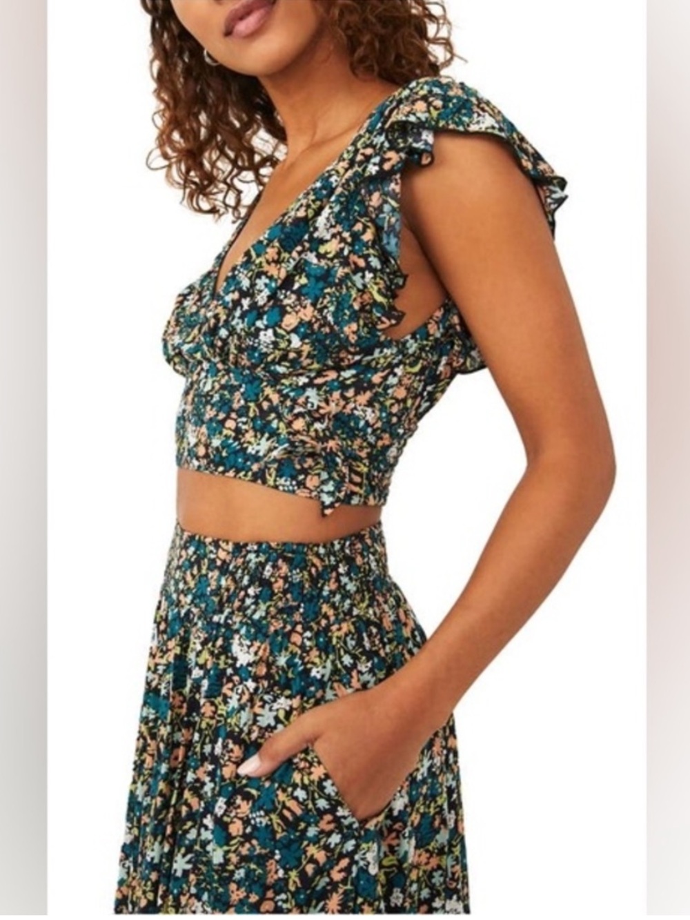 Free People Teal Floral Ruffle Crop Top
